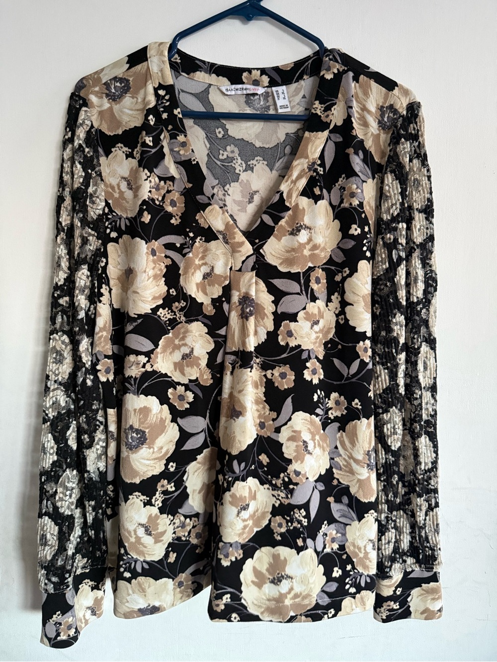 Isaac Mizrahi Black Floral V-Neck Blouse with Lace Sleeves
